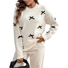 Milumia Women's Y2K Bow Knit Sweater Crew Neck Long Sleeve Drop Shoulder Pullover Jumpers