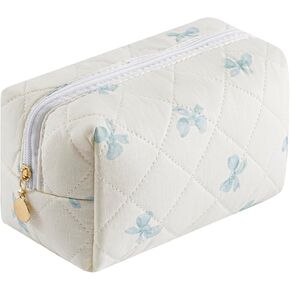 Cute Floral Cotton Makeup Bag, Quilted Makeup Bag for Women Girls, Travel Floral Cosmetic Bag Zipper Make Up Pouch, Flowers Toiletry Organizer Bag (Small Red Bowknot)