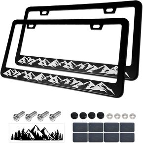 Aootf Mountains License Plate Frames- Black Aluminum Metal Car Tag Cover Holder with Screws Caps, White on Black, with Mountain Car Decal Sticker, 2 Pack 2 Holes