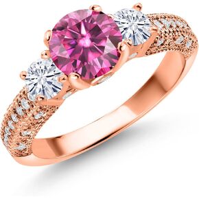 Gem Stone King 18K Rose Gold Plated Silver Pink Moissanite and White Moissanite Engagement Ring For Women (1.74 Cttw, Gemstone, Round 7MM and 4MM)