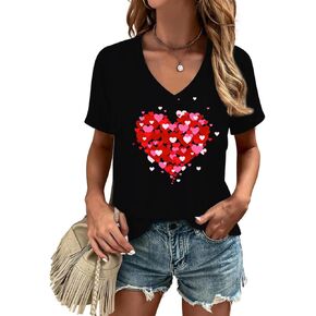 Valentine's Day Shirt for Women Love Heart V-Neck Teenager Tshirts Romantic Valentines Couple Short Sleeve Tee Tops