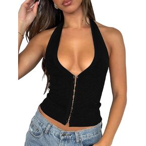 Fallorchid Womens Sleeveless Tank Tops Sexy Y2k Halter V Neck Ribbed Kint Crop Top