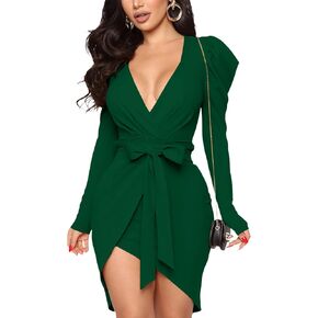 Rooscier Women's Wrap Deep V Neck Puff Long Sleeve Belted Sexy Club Mini Dress Dark Green Large