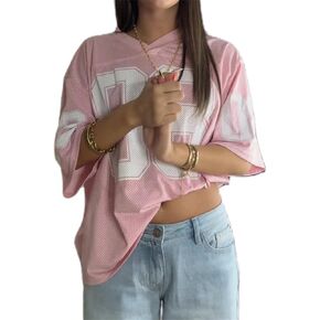 Alyweatry Women Y2k Graphic Oversized Jersey Tee Sporty Aesthetic Number Letter Print Jersey Shirt Preppy Clothes
