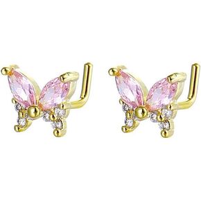 20G Pink CZ Butterfly Nose Rings for Women Stainless Steel L-shaped Butterfly Nose Studs Nostrils Nose Piercing Jewelry