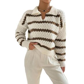 Verdusa Women's Long Sleeve Chunky Knit Sweater Casual Striped Pullover Tops
