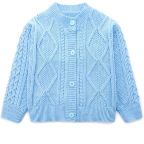 Women's Tight Cuff Long Sleeve Crew Neck Solid Button Cable Ribbed Knit Classic Cardigan Sweater Blue