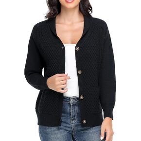 Women Cable Knit Cardigan Shawl Collar Long Sleeve Button Up Sweaters with Pockets Cozy Warm Outwear