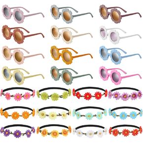 Chumia 24Pcs Retro Flower Sunglasses Hippie Headbands Set Groovy Decors 12pcs Multicolor Daisy Headbands 12pcs Sunglasses (Flower)