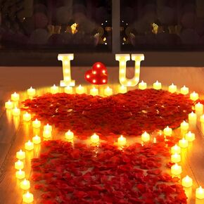 1027 Pcs I LOVE U Light Up Letters Proposal Decorations, I LOVE U Sign with 24 Pcs Heart Flameless Candles 1000 Pcs Rose Petals for Valentine's Day Wedding Proposal Romantic Night Decor