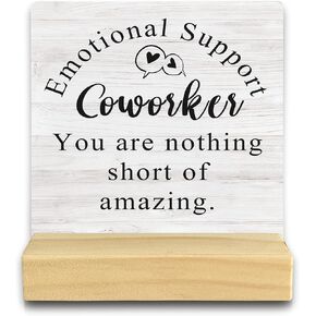 QASHWEY Emotional Support Coworker Wood Plaque Sign Desk Decor,Appreciation Gifts Retirement Gifts Thank You Gifts for Coworker Employee Wood Plaque Sign Desk Decor with Wooden Stand for Home Office
