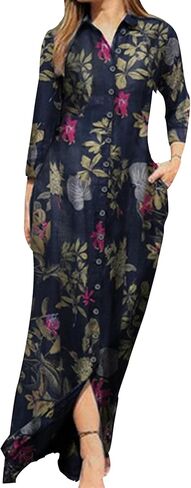 YMING Womens Floral Printed Dresses Long Sleeve Button Down Shirt Dress Lapel Loose Blouse Dress with Pockets in Saudi Arabia