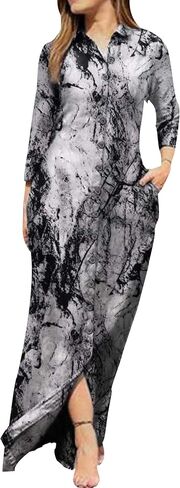 YMING Womens Floral Printed Dresses Long Sleeve Button Down Shirt Dress Lapel Loose Blouse Dress with Pockets in Saudi Arabia