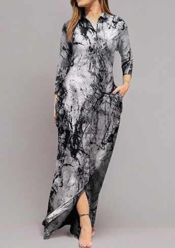 YMING Womens Floral Printed Dresses Long Sleeve Button Down Shirt Dress Lapel Loose Blouse Dress with Pockets in Saudi Arabia