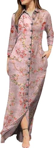 YMING Womens Floral Printed Dresses Long Sleeve Button Down Shirt Dress Lapel Loose Blouse Dress with Pockets in Saudi Arabia