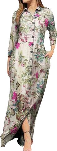 YMING Womens Floral Printed Dresses Long Sleeve Button Down Shirt Dress Lapel Loose Blouse Dress with Pockets in Saudi Arabia