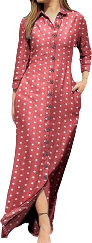 YMING Womens Floral Printed Dresses Long Sleeve Button Down Shirt Dress Lapel Loose Blouse Dress with Pockets in Saudi Arabia