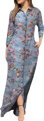 YMING Womens Floral Printed Dresses Long Sleeve Button Down Shirt Dress Lapel Loose Blouse Dress with Pockets in Saudi Arabia