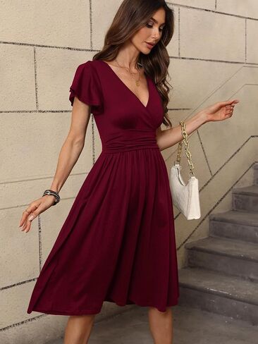 Women's Spring Summer Casual Ruffle Short Sleeve Wrap V-Neck A-Line Loose Fit Swing Party Midi Dress with Pockets in Saudi Arabia