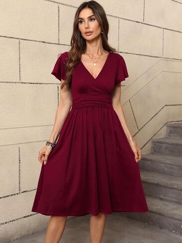 Women's Spring Summer Casual Ruffle Short Sleeve Wrap V-Neck A-Line Loose Fit Swing Party Midi Dress with Pockets in Saudi Arabia