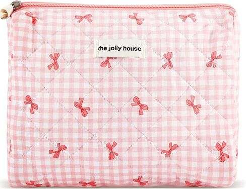 ZLFSRQ Cotton Quilted Makeup Bag for Women Girls Cute Large Pink Bow Checkered Cosmetic Bag Coquette Preppy Zipper Makeup Pouch for Purse Portable Travel Toiletry Bag Storage Organizer Skincare Bag in Saudi Arabia