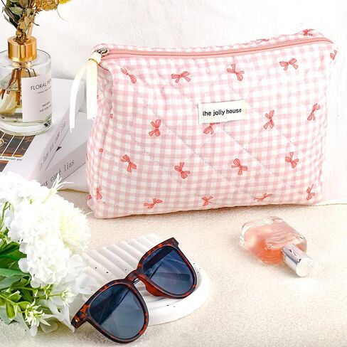 ZLFSRQ Cotton Quilted Makeup Bag for Women Girls Cute Large Pink Bow Checkered Cosmetic Bag Coquette Preppy Zipper Makeup Pouch for Purse Portable Travel Toiletry Bag Storage Organizer Skincare Bag in Saudi Arabia