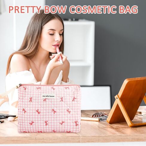 ZLFSRQ Cotton Quilted Makeup Bag for Women Girls Cute Large Pink Bow Checkered Cosmetic Bag Coquette Preppy Zipper Makeup Pouch for Purse Portable Travel Toiletry Bag Storage Organizer Skincare Bag in Saudi Arabia