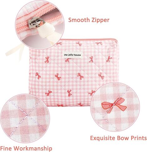 ZLFSRQ Cotton Quilted Makeup Bag for Women Girls Cute Large Pink Bow Checkered Cosmetic Bag Coquette Preppy Zipper Makeup Pouch for Purse Portable Travel Toiletry Bag Storage Organizer Skincare Bag in Saudi Arabia