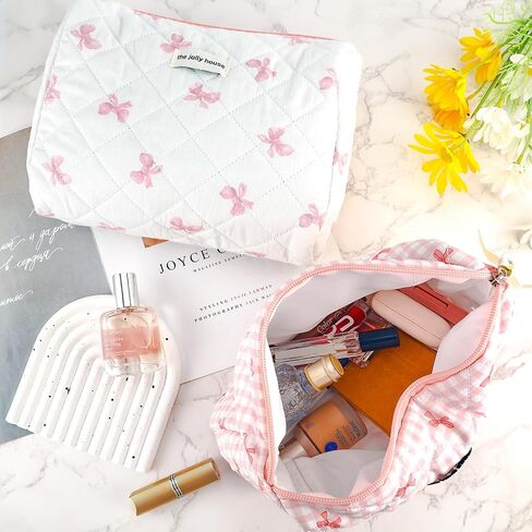 ZLFSRQ Cotton Quilted Makeup Bag for Women Girls Cute Large Pink Bow Checkered Cosmetic Bag Coquette Preppy Zipper Makeup Pouch for Purse Portable Travel Toiletry Bag Storage Organizer Skincare Bag in Saudi Arabia