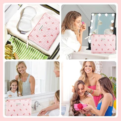 ZLFSRQ Cotton Quilted Makeup Bag for Women Girls Cute Large Pink Bow Checkered Cosmetic Bag Coquette Preppy Zipper Makeup Pouch for Purse Portable Travel Toiletry Bag Storage Organizer Skincare Bag in Saudi Arabia