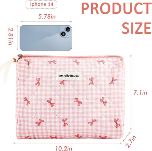 ZLFSRQ Cotton Quilted Makeup Bag for Women Girls Cute Large Pink Bow Checkered Cosmetic Bag Coquette Preppy Zipper Makeup Pouch for Purse Portable Travel Toiletry Bag Storage Organizer Skincare Bag in Saudi Arabia