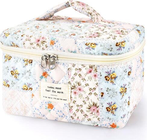 ZLFSRQ Cotton Quilted Makeup Bag for Women Girls Cute Large Pink Bow Checkered Cosmetic Bag Coquette Preppy Zipper Makeup Pouch for Purse Portable Travel Toiletry Bag Storage Organizer Skincare Bag in Saudi Arabia