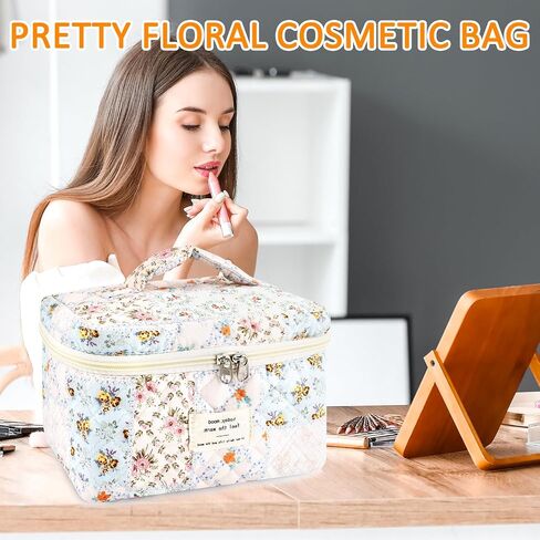 ZLFSRQ Cotton Quilted Makeup Bag for Women Girls Cute Large Pink Bow Checkered Cosmetic Bag Coquette Preppy Zipper Makeup Pouch for Purse Portable Travel Toiletry Bag Storage Organizer Skincare Bag in Saudi Arabia