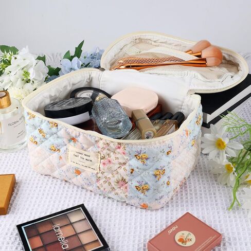 ZLFSRQ Cotton Quilted Makeup Bag for Women Girls Cute Large Pink Bow Checkered Cosmetic Bag Coquette Preppy Zipper Makeup Pouch for Purse Portable Travel Toiletry Bag Storage Organizer Skincare Bag in Saudi Arabia