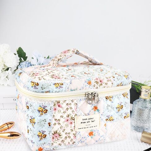 ZLFSRQ Cotton Quilted Makeup Bag for Women Girls Cute Large Pink Bow Checkered Cosmetic Bag Coquette Preppy Zipper Makeup Pouch for Purse Portable Travel Toiletry Bag Storage Organizer Skincare Bag in Saudi Arabia