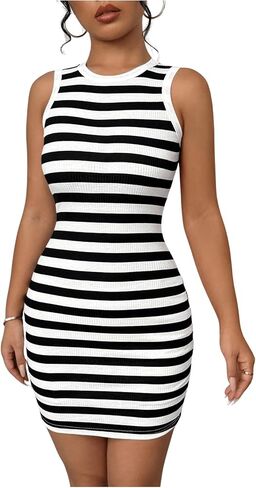 SOLY HUX Women's Summer Dresses Striped Print Sleeveless Bodycon Mini Dress Going Out Tank Dress in Saudi Arabia