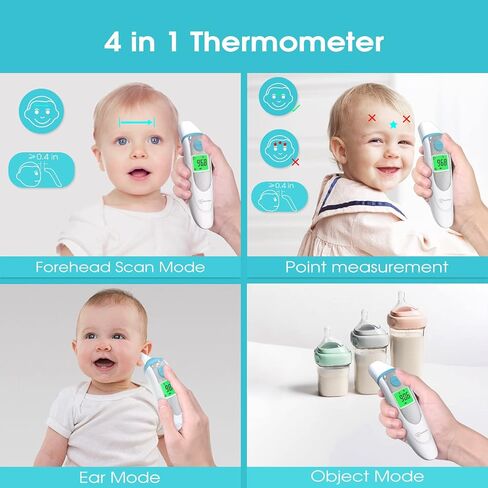 Forehead Thermometer for Adults, 4 in 1 Ear Thermometer for Kids, No Touch Baby Thermometer, Digital Thermometer with Fever Alarm and Object Measurement - Fast, Reliable and Accurate in Saudi Arabia