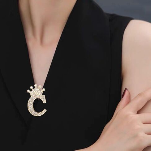 Crown Initial Letter A-Z Brooch Pin 2Pair Gold white Silver Crystal Crown Brooch Gold Silver Plated 26 Alphabets Lapel Pin Full Crystal Initial Badges Pin for Women Men in Kuwait