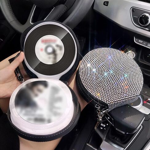 Rhinestone Decor CD Holder, 10 Capacity CD/DVD Case Holder Portable Wallet Storage Organizer, Zipper Closure Round CD Discs Holder Bag Storage Carry Case Wallet for Car, Black in Kuwait