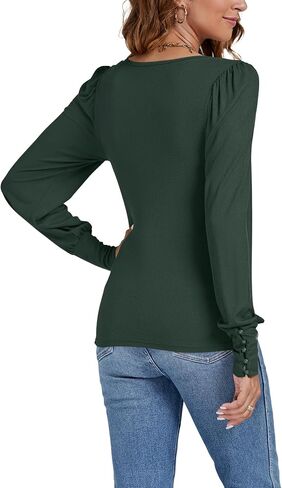 LYANER Women's Scoop Neck Puff Long Sleeve Tops Casual Basic Solid T Shirt Button Cuffs Pullovers Shirts Blouse in Saudi Arabia