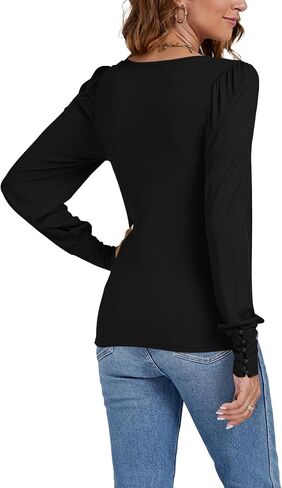 LYANER Women's Scoop Neck Puff Long Sleeve Tops Casual Basic Solid T Shirt Button Cuffs Pullovers Shirts Blouse in Saudi Arabia
