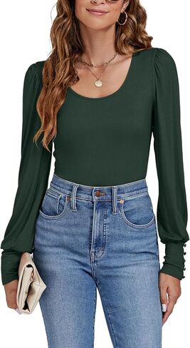 LYANER Women's Scoop Neck Puff Long Sleeve Tops Casual Basic Solid T Shirt Button Cuffs Pullovers Shirts Blouse in Saudi Arabia