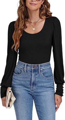 LYANER Women's Scoop Neck Puff Long Sleeve Tops Casual Basic Solid T Shirt Button Cuffs Pullovers Shirts Blouse in Saudi Arabia