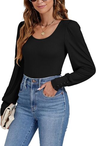 LYANER Women's Scoop Neck Puff Long Sleeve Tops Casual Basic Solid T Shirt Button Cuffs Pullovers Shirts Blouse in Saudi Arabia