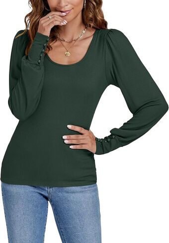 LYANER Women's Scoop Neck Puff Long Sleeve Tops Casual Basic Solid T Shirt Button Cuffs Pullovers Shirts Blouse in Saudi Arabia
