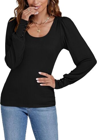 LYANER Women's Scoop Neck Puff Long Sleeve Tops Casual Basic Solid T Shirt Button Cuffs Pullovers Shirts Blouse in Saudi Arabia
