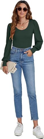LYANER Women's Scoop Neck Puff Long Sleeve Tops Casual Basic Solid T Shirt Button Cuffs Pullovers Shirts Blouse in Saudi Arabia