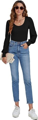 LYANER Women's Scoop Neck Puff Long Sleeve Tops Casual Basic Solid T Shirt Button Cuffs Pullovers Shirts Blouse in Saudi Arabia