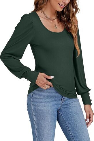 LYANER Women's Scoop Neck Puff Long Sleeve Tops Casual Basic Solid T Shirt Button Cuffs Pullovers Shirts Blouse in Saudi Arabia