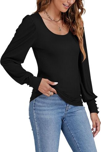 LYANER Women's Scoop Neck Puff Long Sleeve Tops Casual Basic Solid T Shirt Button Cuffs Pullovers Shirts Blouse in Saudi Arabia